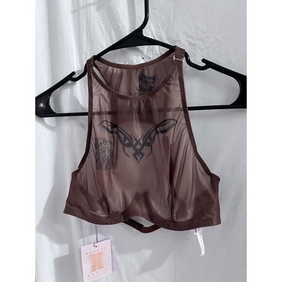 Savage Fenty Tattooed Tricot High Neck Bra Brown Sz 34 B Sheer - Picture 1 of 10